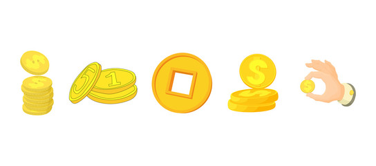 Coin icon set, cartoon style