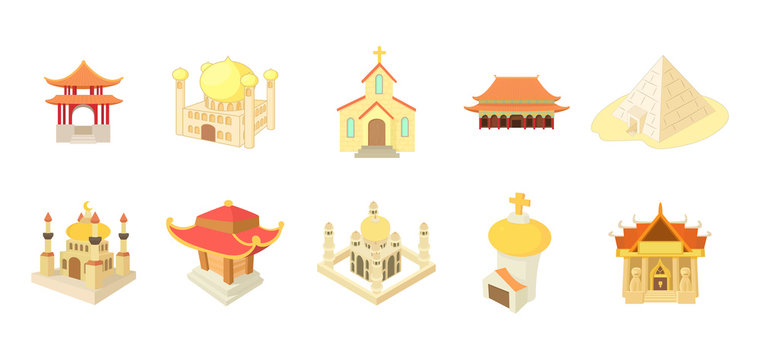 Temple icon set, cartoon style