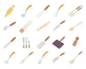 Kitchen tools icon set, cartoon style