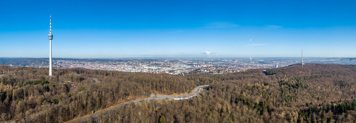 Aerial view of the city of Stuttgart and the television towers