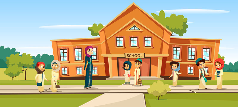 Muslim school vector illustration cartoon children and teacher going to school. Woman teacher and pupils kids in traditional Arabian Islamic clothes and schoolbags at schoolyard