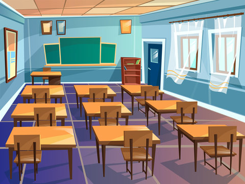 School classroom interior vector cartoon illustration. University schoolroom design with view on blackboard, student chairs and teacher table, door and windows for school education interior background