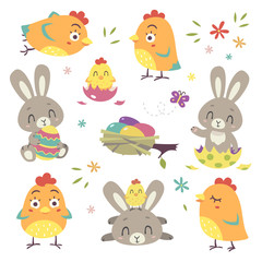 vector cartoon style Easter bunny and chicken illustration set