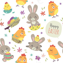 vector cartoon style Easter bunny and chicken seamless pattern on a white background