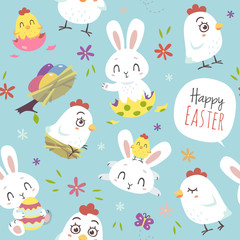 vector cartoon style Easter white bunny and chicken seamless pattern on a blue background