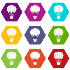 Hot air balloon with basket icon set color hexahedron