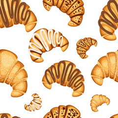 Seamless pattern of croissant with different fillings cream chocolate and sesame on top vector illustration on white background