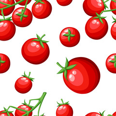Seamless pattern of fresh cherry tomatoes vegetable from the garden organic food red tomato on green branch vector illustration isolated on white background web site page and mobile app design