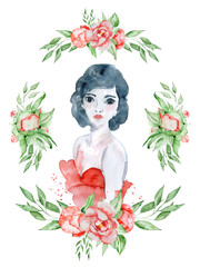 Watercolor beauty girl with dark hair, red dress and floral wreath, red peony flowers