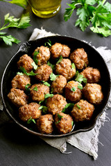 Delicious meatballs in frying pan