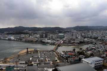 Fototapeta na wymiar The view of Karatsu city from the castle. It's located by the sea