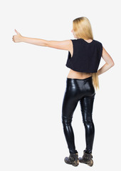Back view of  woman thumbs up. Rear  people collection. backside   person.