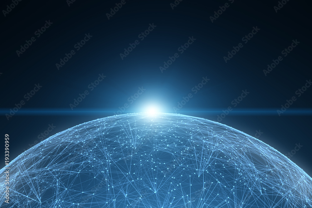 Wall mural fantasy network globe with lines, dots and triangles. view from space.