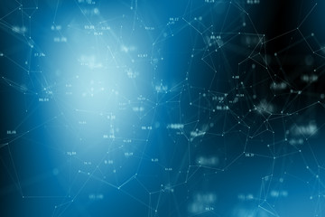 Abstract data network lines and dots with numbers on dark blue background. Selective focus used.