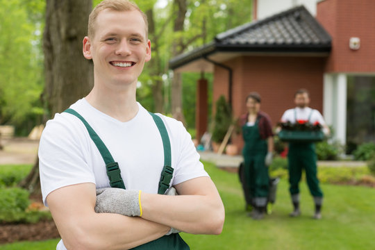 Satisfied leader of a gardeners' team