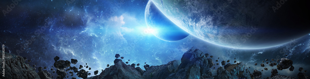 Poster Panorama of distant planet system in space 3D rendering elements of this image furnished by NASA