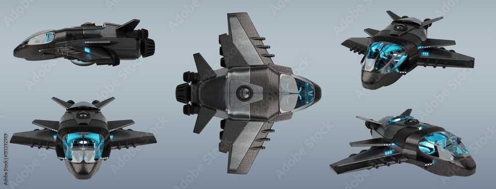 Poster Futuristic spacecraft collection isolated on grey background 3D rendering