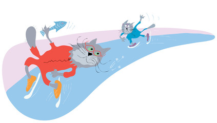 winter speed skating competitions/ the cat on skates in a red suit runs away from the athlete in blue