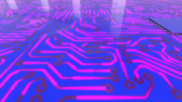 Seamless looping 3d animated blue and pink computer circuit board in 4K resolution