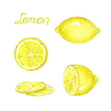 Lemon fruits and slices, hand painted watercolor illustration with inscription isolated on white background