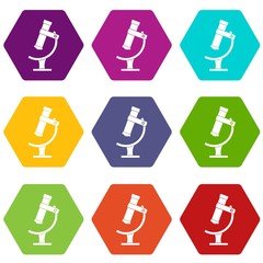 Microscope icon set color hexahedron