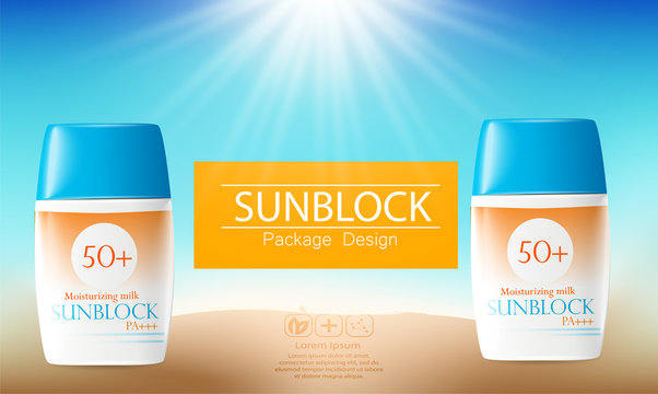 Sunblock ads template, sun protection cosmetic products. 3D illustration for magazine or ads.Bottle products design with moisturizer milk, cream or liquid.