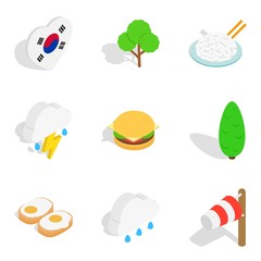 Rest in South Korea icons set, isometric style