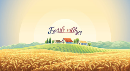 Rural landscape with a wheat field and a village on a hill. Vector illustration. © Rustic