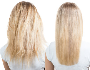 Blonde hair before and after treatment. - 193395300
