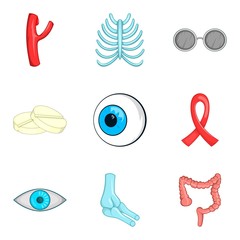 Medicinal product icons set, cartoon style