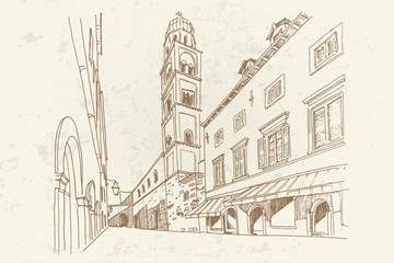 Vector sketch of Stradun street in old Dubrovnik. Croatia