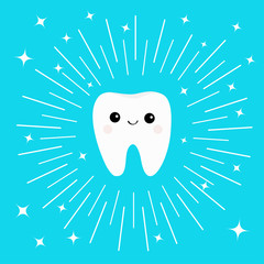 Healthy white tooth icon with smiling face. Cute cartoon character. Round line circle. Oral dental hygiene. Children teeth care. Shining effect stars. Bright blue background. Flat design.
