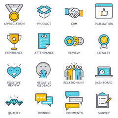Vector flat linear icons related to  to feedback, review and customer relationship management. Flat pictograms and infographics design elements