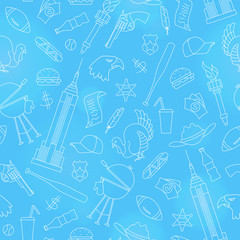 Seamless pattern on the theme of journey in the country of America, simple contour white  icons on blue background
