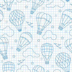 Seamless background with balloons , clouds, birds and stars ,blue  contour  icons on the clean writing-book sheet in a cage