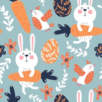 Seamless vector easter pattern with eggs, rabbits, carrots, birds and flowers