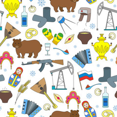 Seamless pattern on the theme of travel in the country of Russia, colored cartoon icons  on white background