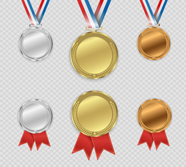 Set of gold, bronze and silver. Award medals isolated on transparent background. Vector illustration of winner concept.
