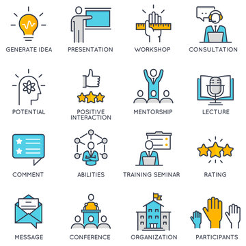 Vector flat linear icons related to to career progress, corporate management, business people training and professional consulting service. Flat pictograms and infographics design elements