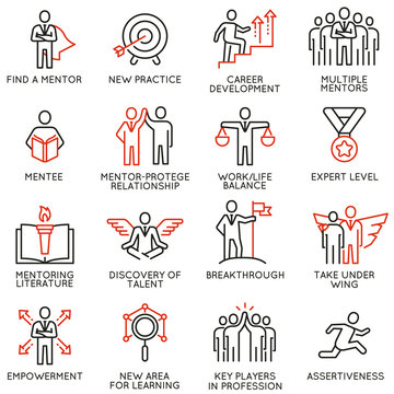 Vector set icons related to career progress, corporate management, business people training, tutorship and consulting service. Mono line pictograms and infographics design elements - part 4