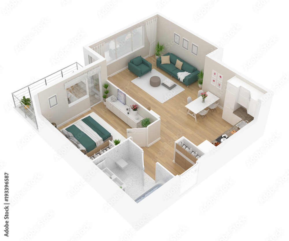 Wall mural floor plan top view. apartment interior isolated on white background. 3d render