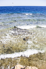 Shallow waters and blue sea. Waves and rocks in the water