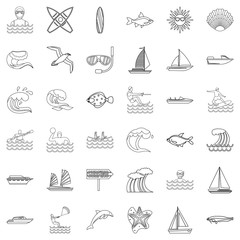 Oceanological icons set, outline style