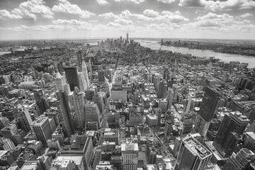 Black and white aerial view of the Manhattan, New York City, USA.