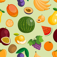 vector fruits exotic apple, banana and papaya flat style illustration. Fresh fruity slices tropical dragonfruit or juicy orange fruitful seamless pattern background