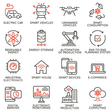 Vector set of 16 linear icons related to future innovation technology. Mono line pictograms and infographics design elements