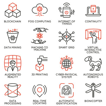 Vector set of 16 linear icons related to future innovation technology. Mono line pictograms and infographics design elements - part 2