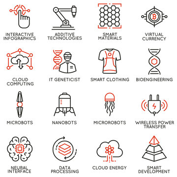Vector set of 16 linear icons related to future innovation technology. Mono line pictograms and infographics design elements - part 3