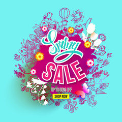 Hand drawn Big Spring Sale ink splash and Doodles art. For banners, posters, flyers, cards, invitations, labels. Vector illustration. Bright detailed objects and symbols on fresh blue background