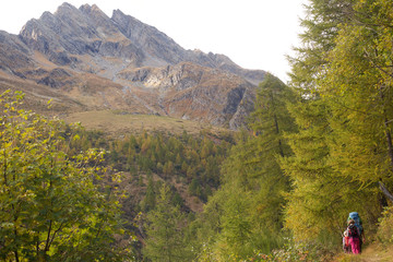 Fototapeta na wymiar Familie wandert in Bergen im Herbst, italienische Alpen, Forcola, Bergell